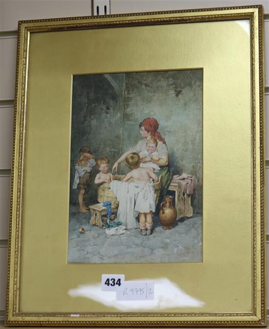 Albert Pierre Roberti, watercolour, Lady bathing children, signed, 26 x 18cm